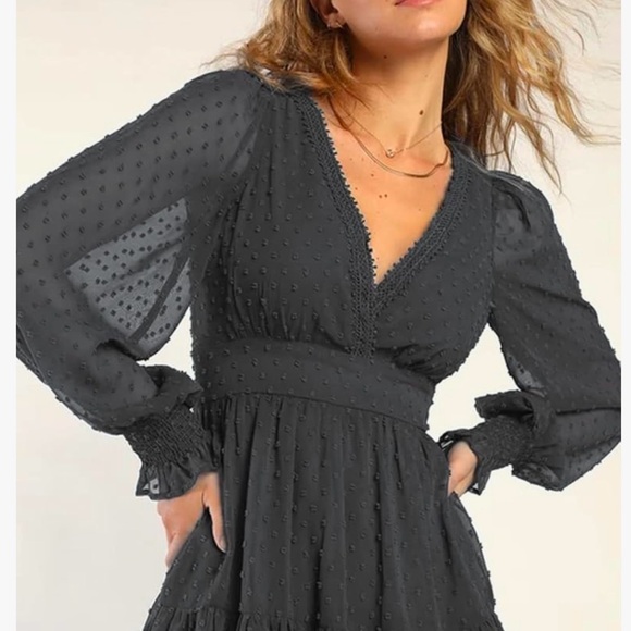 NWT L Black swiss dots sheer sleeves open back chiffon mini dre… - Picture 4 of 7